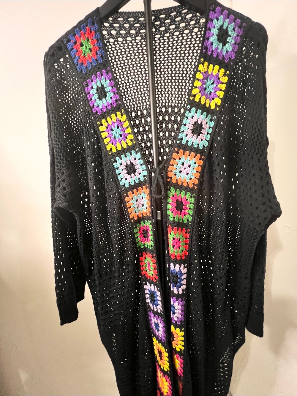 Black Crochet Long Cardigan with Multicolor Squares - Picture 5 of 5